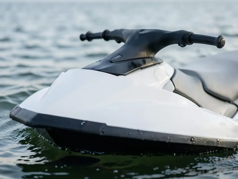 A jet ski floating in the sea, found floating off Koh Samui island. AI-generated editorial illustration; not a documentary photograph