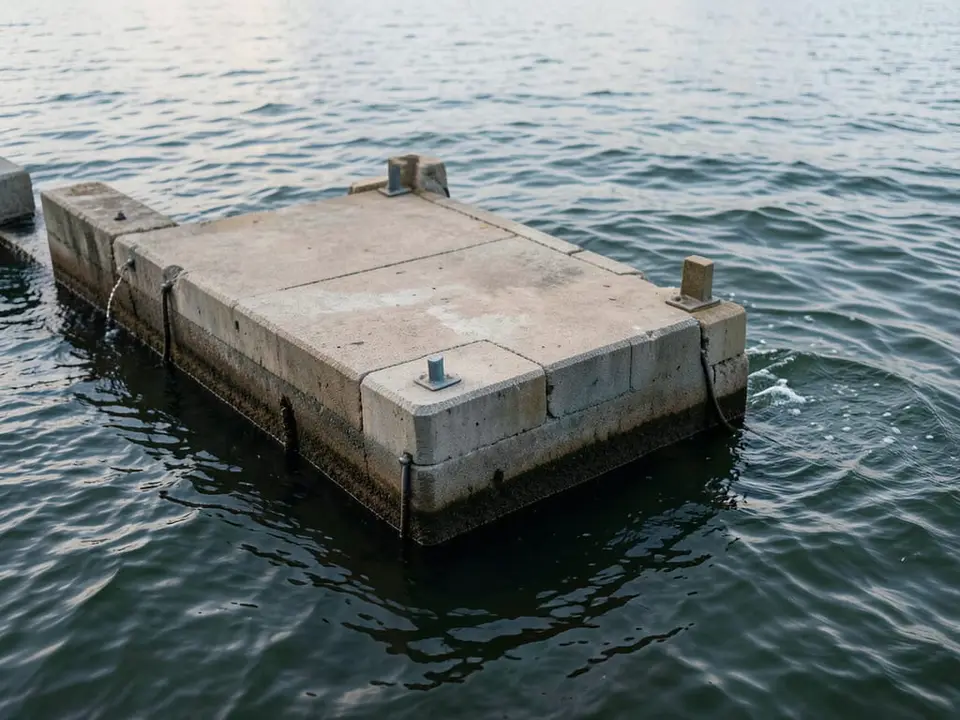 A floating barrier on the sea border, shown in tight detail with water visible around it. AI-generated editorial illustration; not a documentary photograph