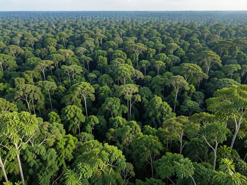 A dense stretch of Amazon rainforest canopy, in Brazil where 60% of the Amazon rainforest lies and where Amazon deforestation has fallen 71% since 2022. AI-generated editorial illustration; not a documentary photograph
