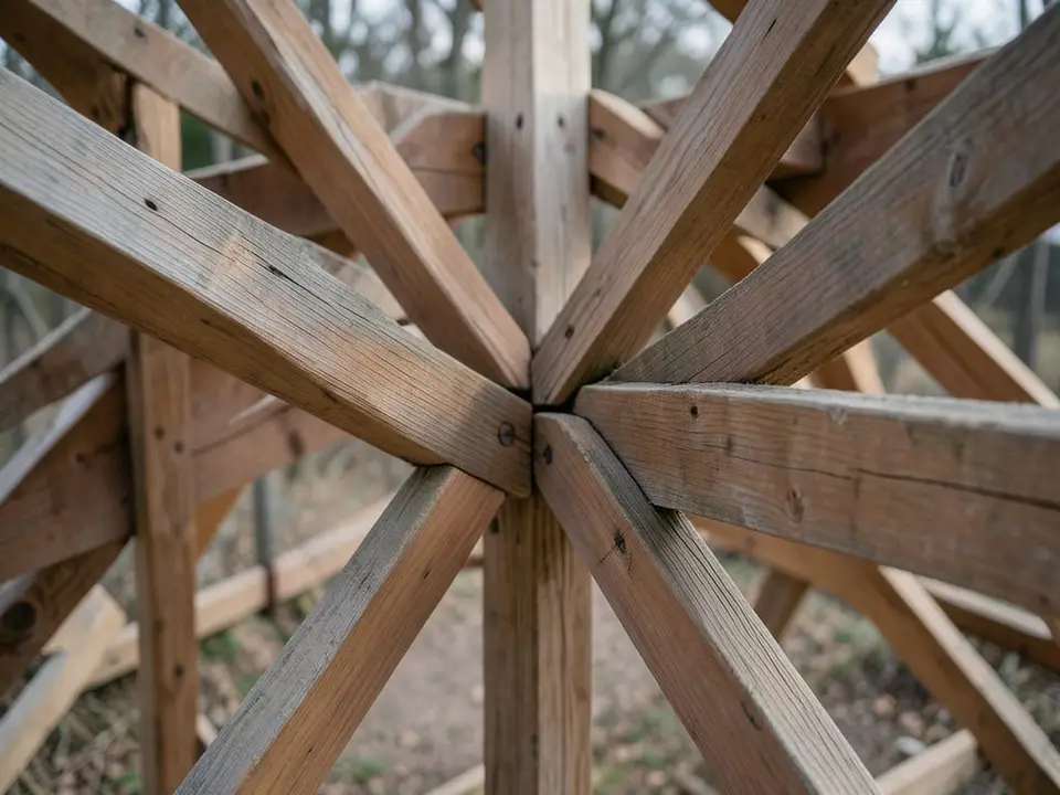 Interlocking wooden beams joined together in a sturdy structure, representing how over three-quarters of Asian family philanthropies partner with government. AI-generated editorial illustration; not a documentary photograph