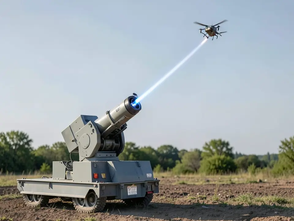A high-energy laser weapon system emitting a beam toward a small drone above the border, where military officials say the system has taken down 11 drones. AI-generated editorial illustration; not a documentary photograph