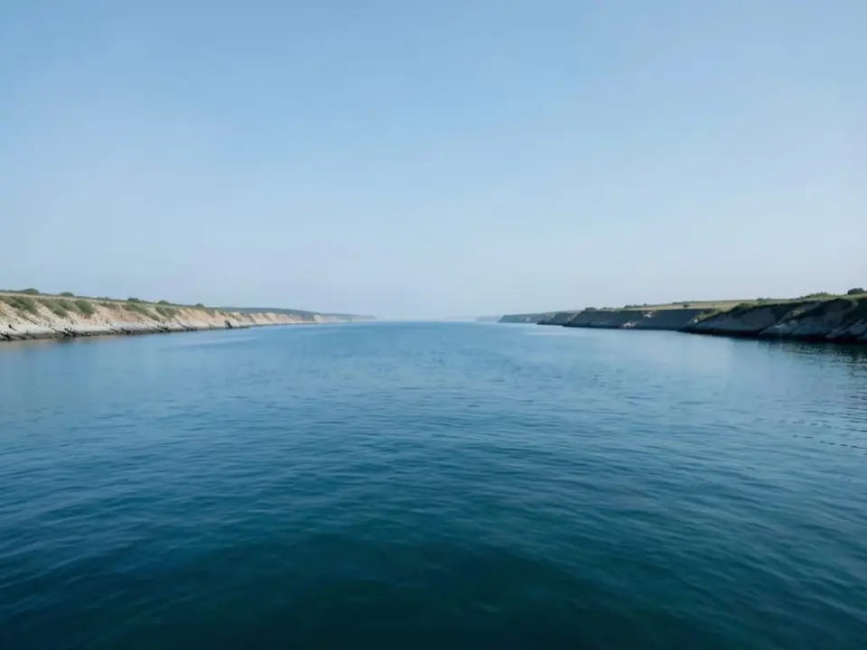 An open view of the vital waterway of the Strait of Hormuz, calm blue water stretching between two distant coastlines with no ships or people visible. AI-generated editorial illustration; not a documentary photograph