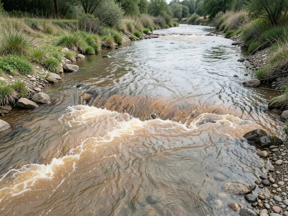 A river confluence where two distinct currents merge into a single broader flow, with smaller side channels being drawn into the combined current, representing how conflicts merge and suck in more countries along the way. AI-generated editorial illustration; not a documentary photograph