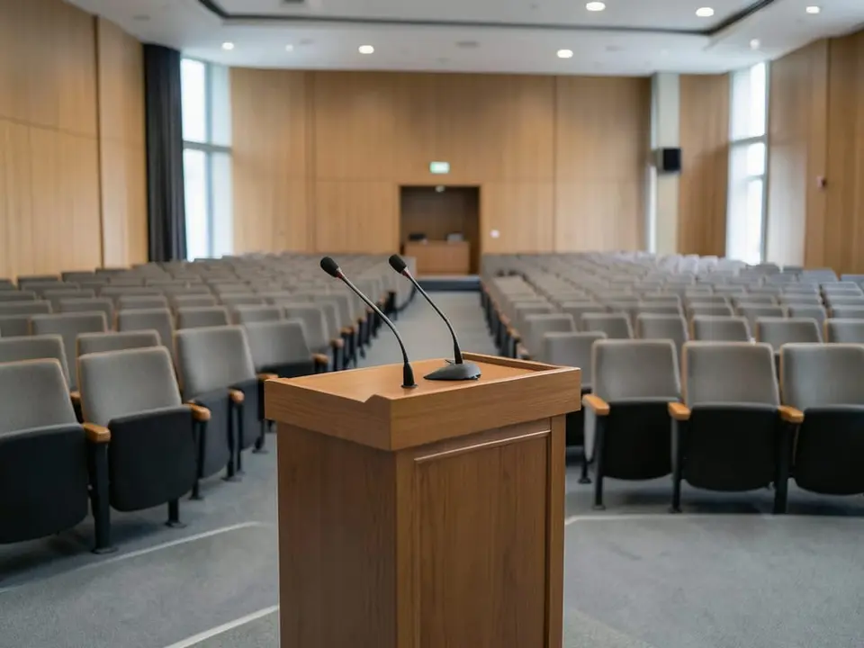 An empty lectern with microphones stands before rows of empty seats in a conference hall, evoking the high-profile speech at the Fed's annual Jackson Hole economic conference. AI-generated editorial illustration; not a documentary photograph