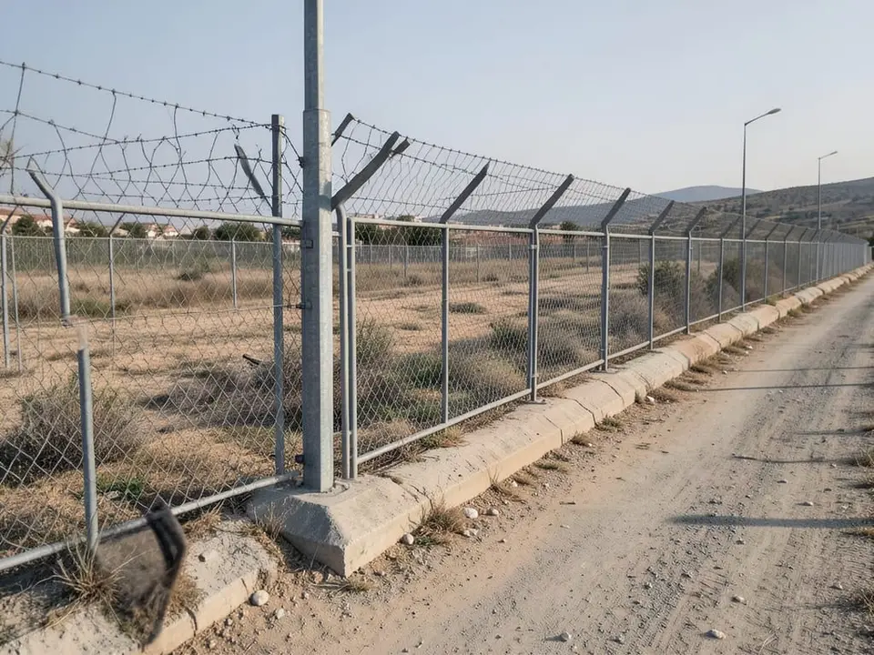 A border barrier structure at a territorial boundary where people rushed into Ceuta in a mass migrant crossing and border surge. AI-generated editorial illustration; not a documentary photograph