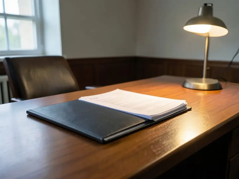 A closed folder and stacked unmarked case documents on an arbitration desk, representing the Court of Arbitration for Sport hearing into Senegal's appeal. AI-generated editorial illustration; not a documentary photograph