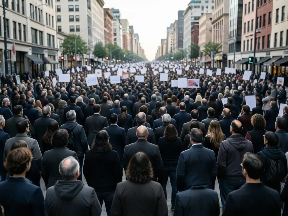 Anonymous adult protesters fill a broad city avenue as protests have spread from the capital New Delhi to other large cities including Mumbai and Bengaluru. AI-generated editorial illustration; not a documentary photograph