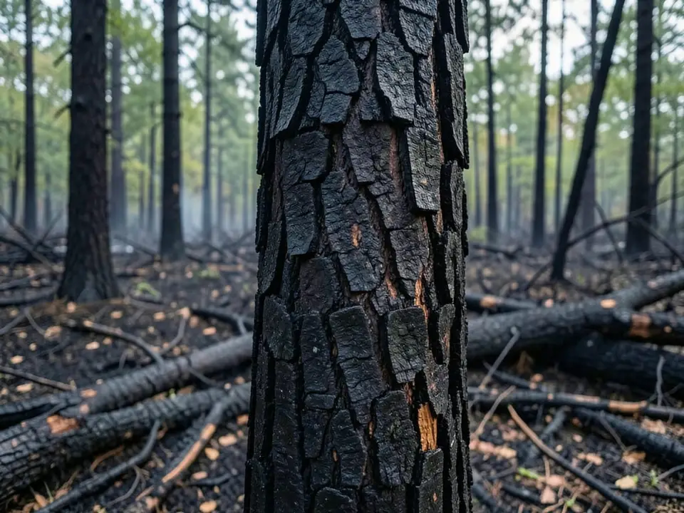 Charred tree trunk surfaces in a forest show the physical impact of wildfires on land management. AI-generated editorial illustration; not a documentary photograph