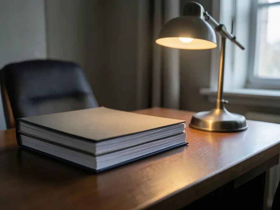 Closed, unmarked folders stacked on an empty desk beside a single lamp, in a scene about a court that sentences activists to prison terms of up to 37 years. AI-generated editorial illustration; not a documentary photograph
