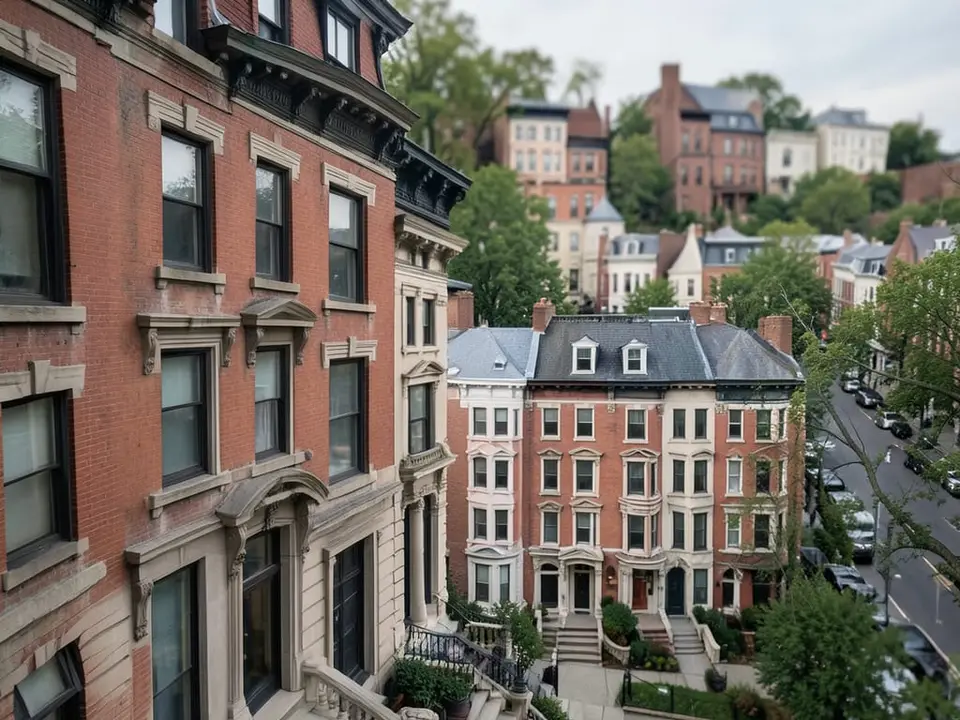 A layered editorial composition shows the facade of one expensive New York home in the foreground with additional expensive New York homes beyond it. AI-generated editorial illustration; not a documentary photograph