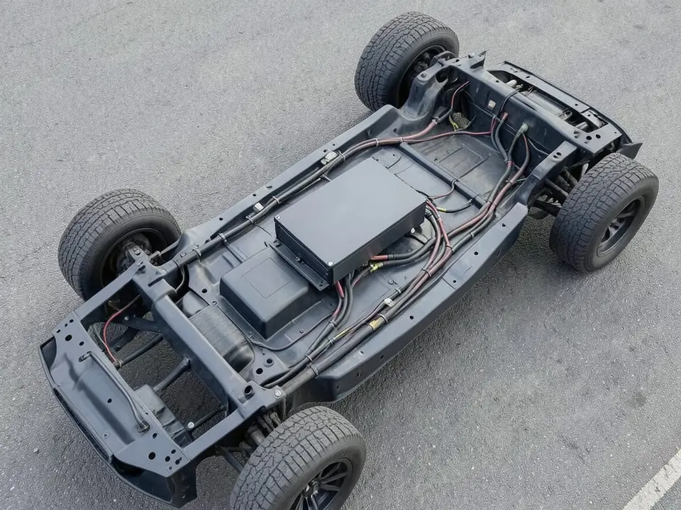 A high-oblique view of an electric vehicle platform showing the new central computer and electrical architecture that will debut in 2028. AI-generated editorial illustration; not a documentary photograph