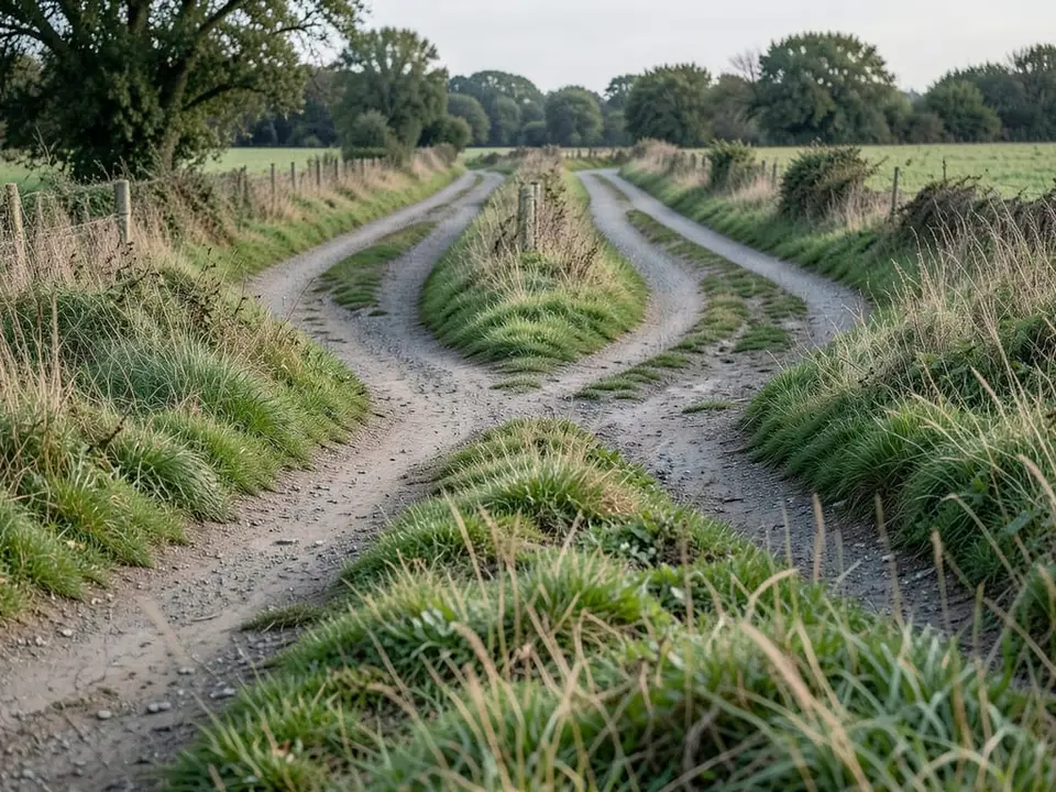 A country lane forks into two diverging paths, one well-worn and one overgrown, representing a professional who left 2 corporate careers to choose different problems to solve. AI-generated editorial illustration; not a documentary photograph