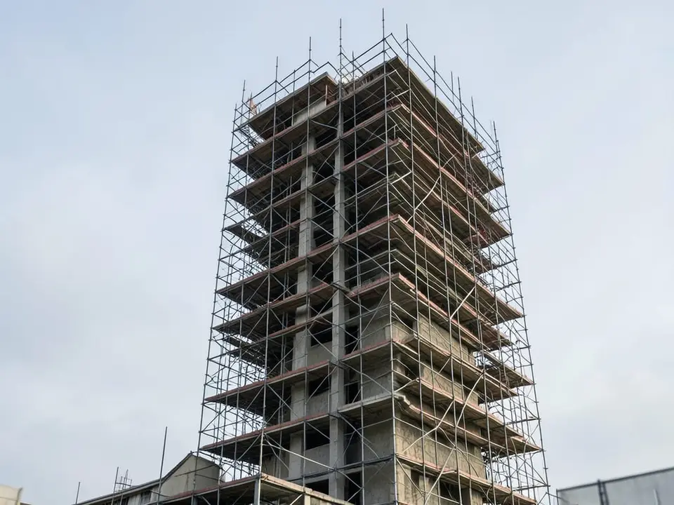 A tall unfinished structure wrapped in scaffolding, standing still mid-construction, representing the proposed pause on advanced AI systems until federal safety standards are established. AI-generated editorial illustration; not a documentary photograph