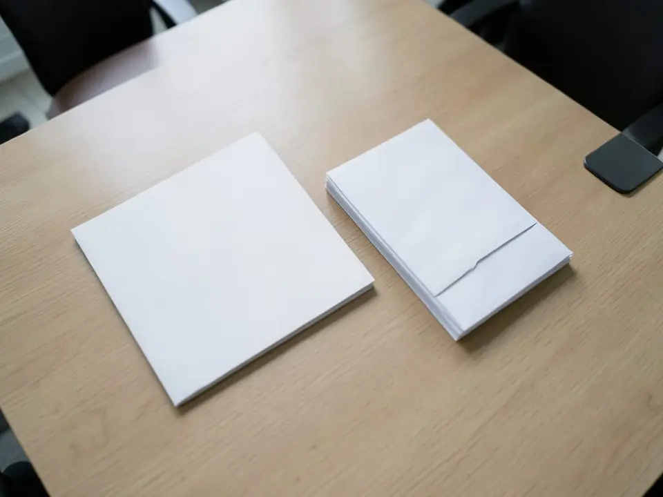 A closed legal settlement folder and stack of unmarked court-file envelopes on a plain wooden table, representing lawsuits over a $1 million lottery giveaway that the parties agreed to settle. AI-generated editorial illustration; not a documentary photograph