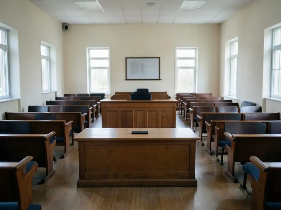 An empty courtroom interior with a raised wooden bench and rows of unoccupied seating, the setting where a veteran Ugandan opposition politician collapses in court. AI-generated editorial illustration; not a documentary photograph