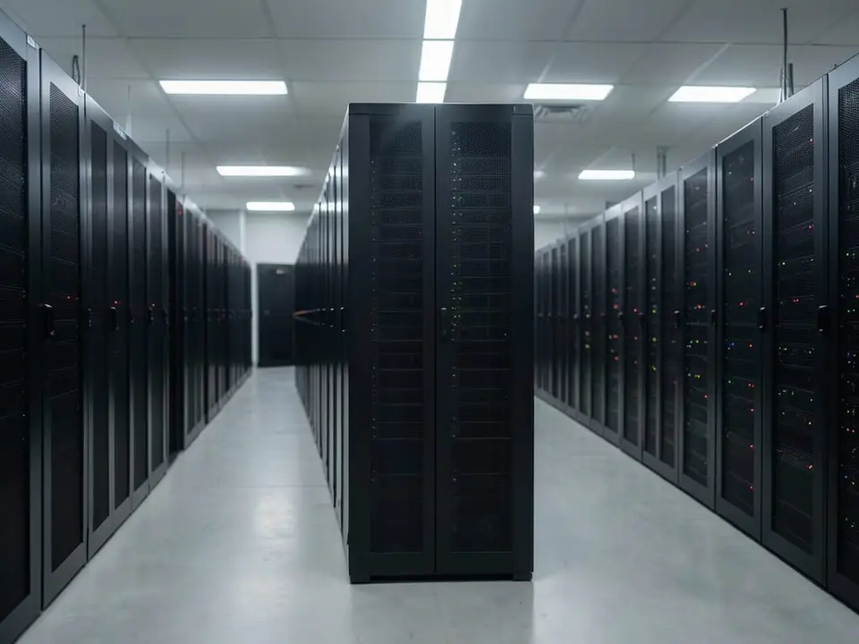 Rows of server racks with glowing indicator lights in an unmarked data center, representing the digital technology everyone depends on is also critical infrastructure. AI-generated editorial illustration; not a documentary photograph