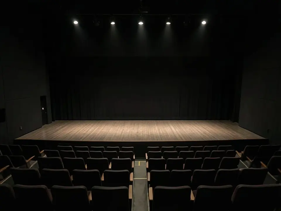 An empty, dimmed theater stage and rows of unoccupied seats, representing the actor who played the defiant son of drug kingpin Walter White in the drama series. AI-generated editorial illustration; not a documentary photograph