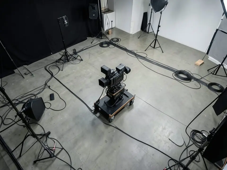 An empty film set with a large movie camera and studio lighting rigs arranged for filming during the extensive reshoots of the 2017 superhero pic. AI-generated editorial illustration; not a documentary photograph