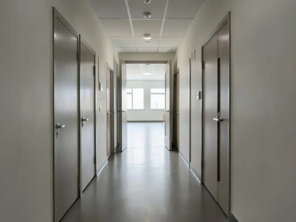 A long corridor with closed doors, one door slightly ajar at the far end, during a pause in strikes between the US and Iran. AI-generated editorial illustration; not a documentary photograph