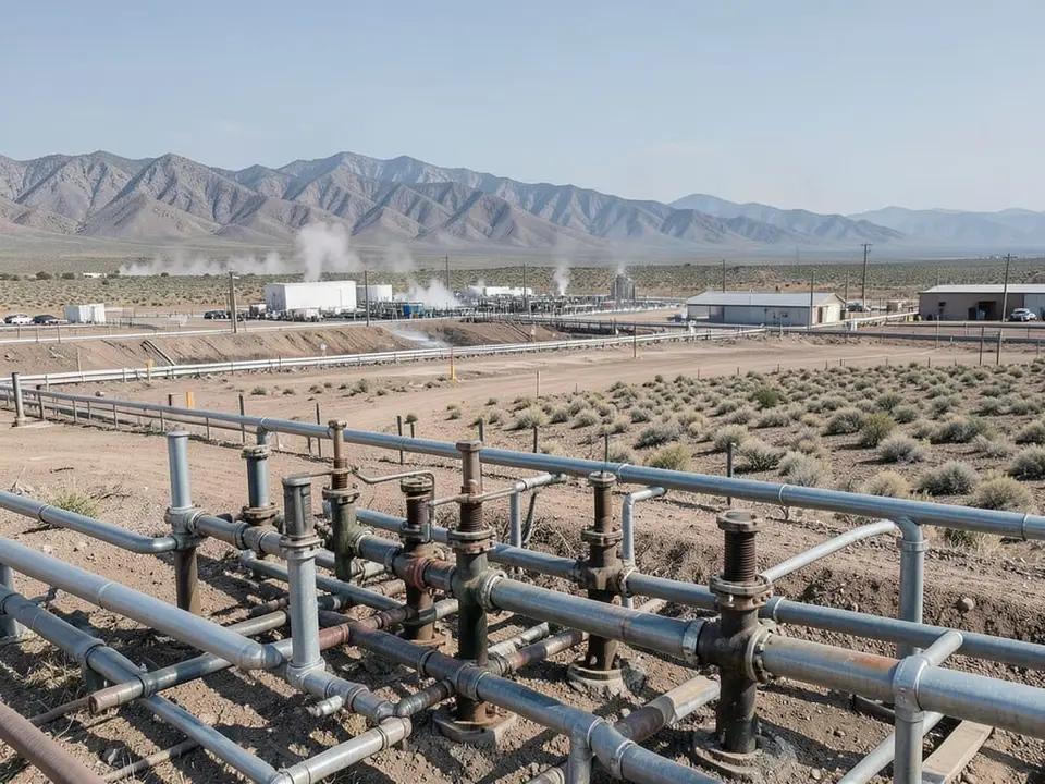 Geothermal projects in Nevada, with geothermal wellheads and pipework in the foreground and the broader project site behind. AI-generated editorial illustration; not a documentary photograph