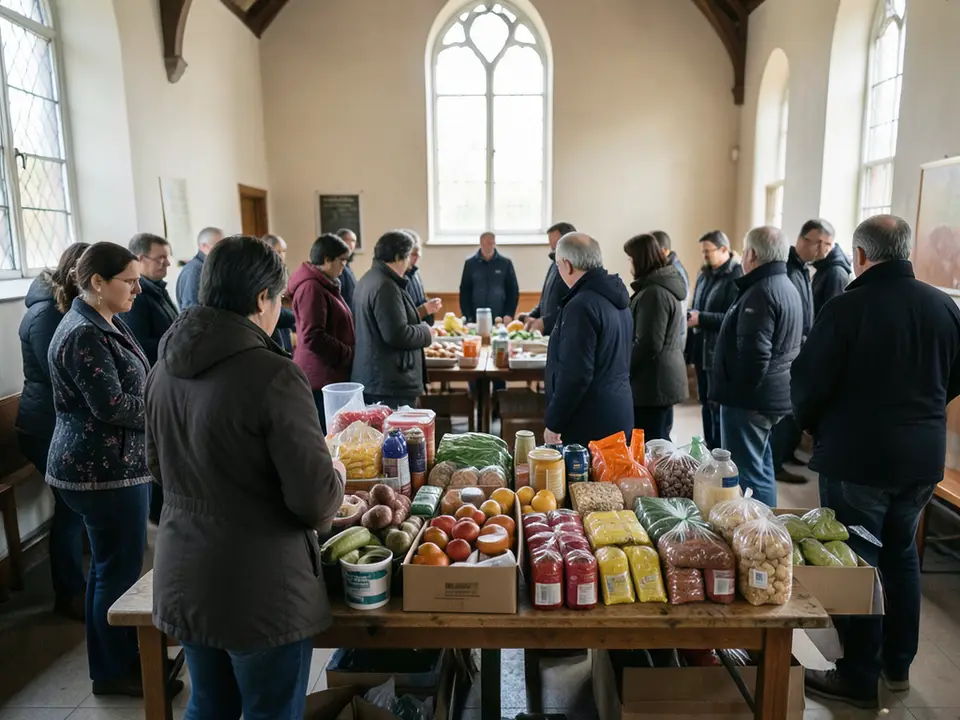 AI-generated editorial illustration for source event: More Than 300 Came for Mid-Month Food. A Lawton Church's Giveaway Raises a Question About Generous Faith; not a documentary photograph