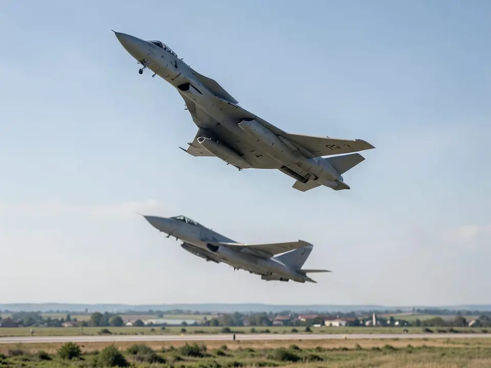 Military aircraft climbing into an open sky, depicting planes scrambled in response to a Russian attack in western Ukraine, close to its border. AI-generated editorial illustration; not a documentary photograph