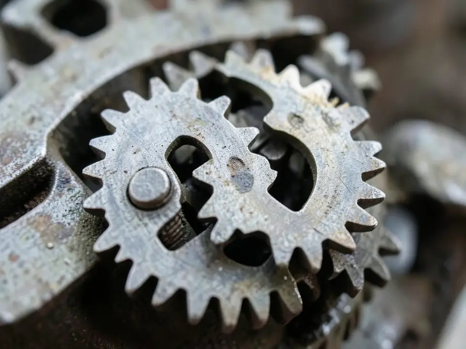 A close-up of interlocking metal gears stopped mid-rotation with their teeth locked together and motionless, reflecting how diplomatic efforts launched by Washington have stalled. AI-generated editorial illustration; not a documentary photograph