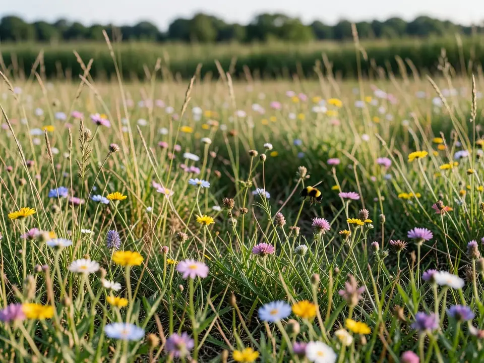 A restored native prairie with native grasses and wildflowers, where a bumblebee forages among the blooms. AI-generated editorial illustration; not a documentary photograph
