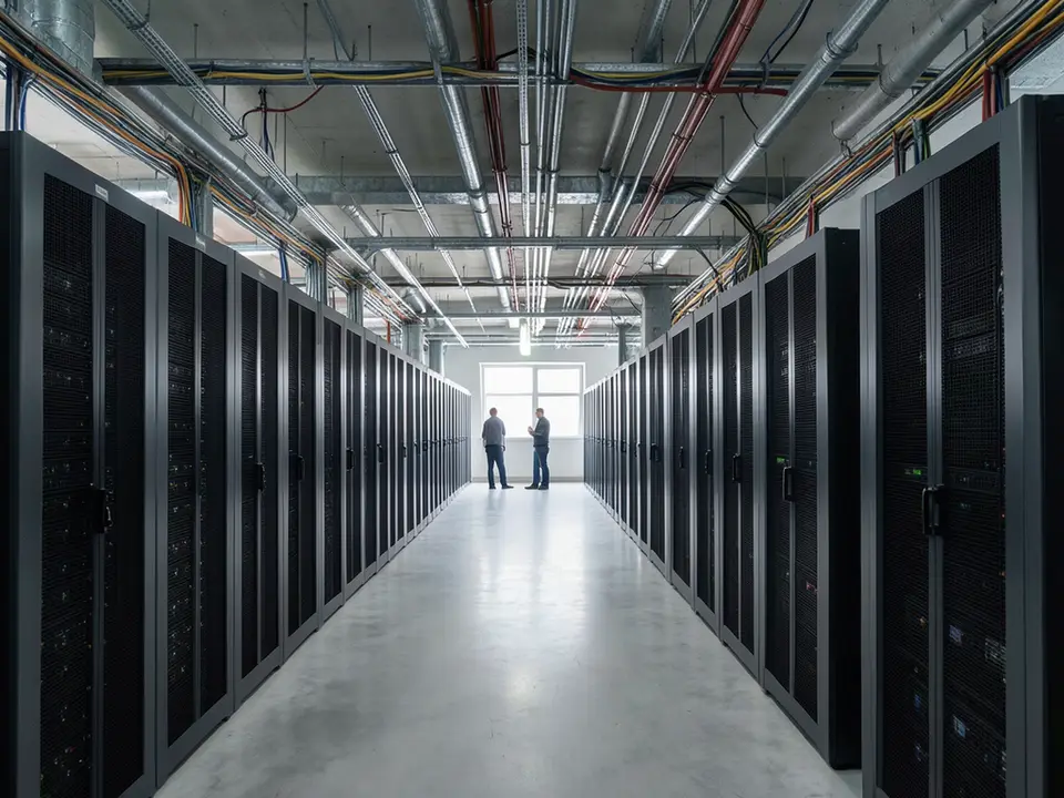AI-generated editorial illustration for source event: Gen Z Electricians Making $280,000 on AI Data Centers Reframe Work as More Than Pay; not a documentary photograph