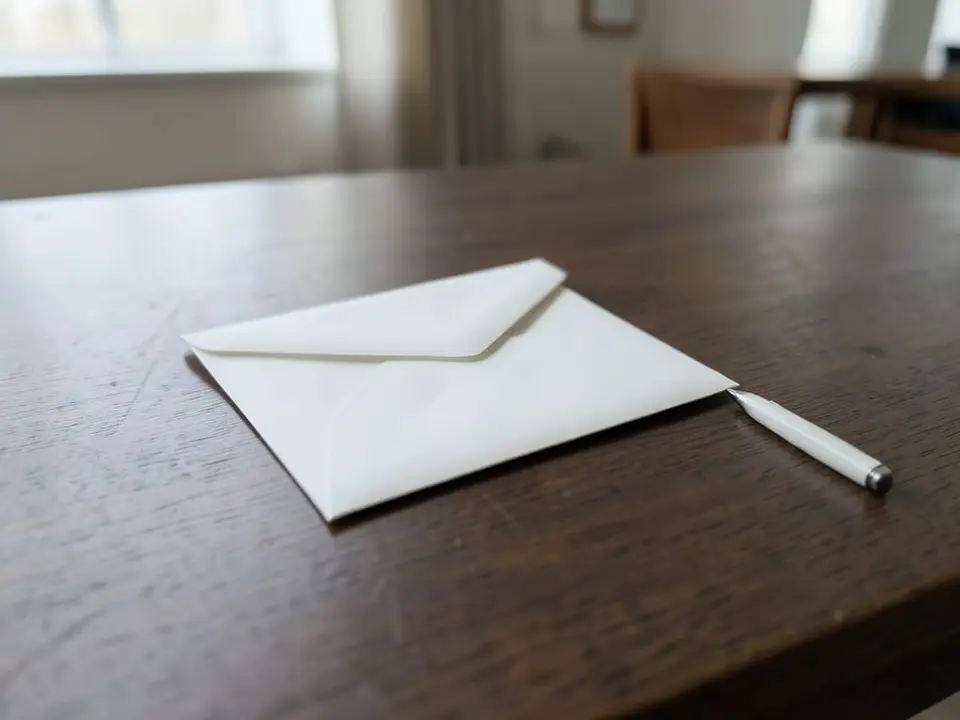 A sealed white envelope resting on a dark wooden desk beside a pen, representing the letter Vance sent a letter to Iran's national security chief. AI-generated editorial illustration; not a documentary photograph