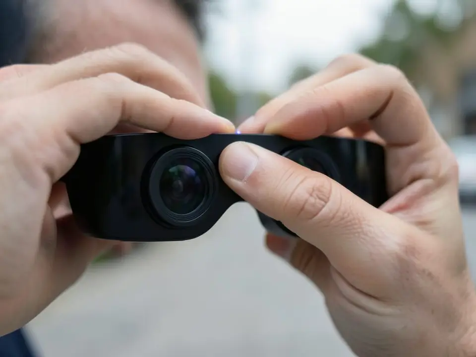 An anonymous adult fingertip covers the front-facing LED on a pair of AI-powered smart glasses. AI-generated editorial illustration; not a documentary photograph