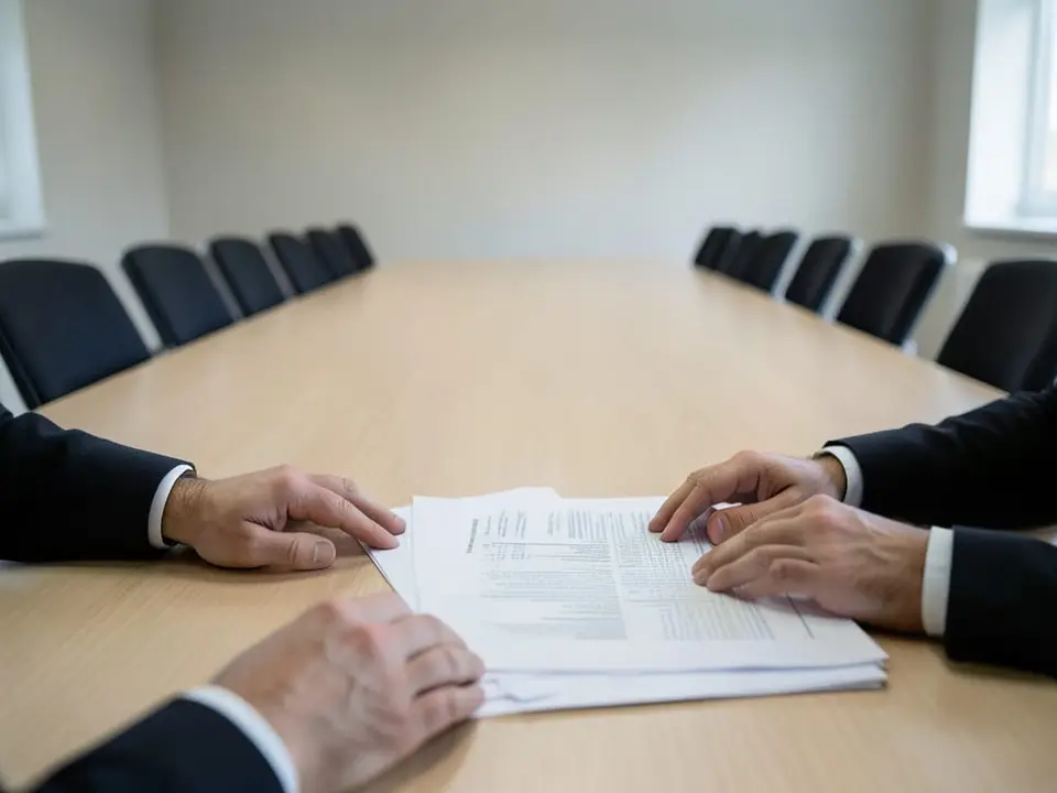 Anonymous adult hands beside unmarked papers on a conference table with empty chairs behind, representing the spiraling debate about AI safety and regulation. AI-generated editorial illustration; not a documentary photograph