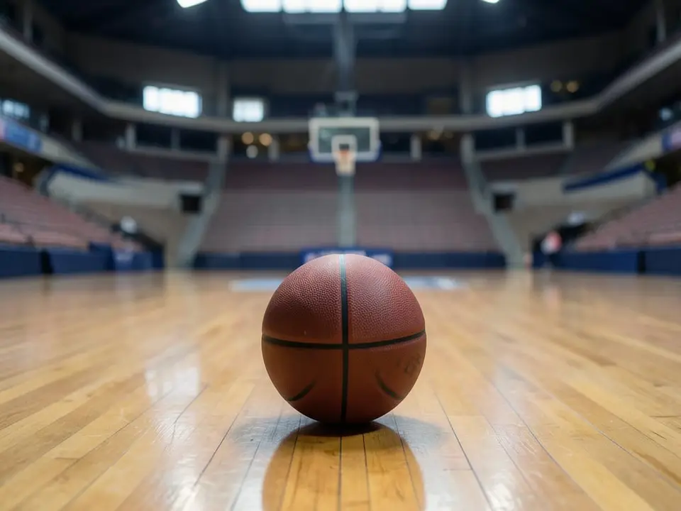 A basketball rests on the polished hardwood of an empty indoor arena, a quiet setting for a league whose popularity has risen in recent years even as threats and abuse directed at its players have grown. AI-generated editorial illustration; not a documentary photograph