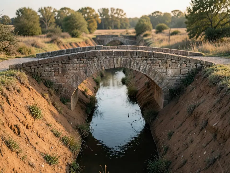 A stone arch bridge spanning a gap between two separate earthen banks, after Brazil recalled its ambassador to Argentina. AI-generated editorial illustration; not a documentary photograph