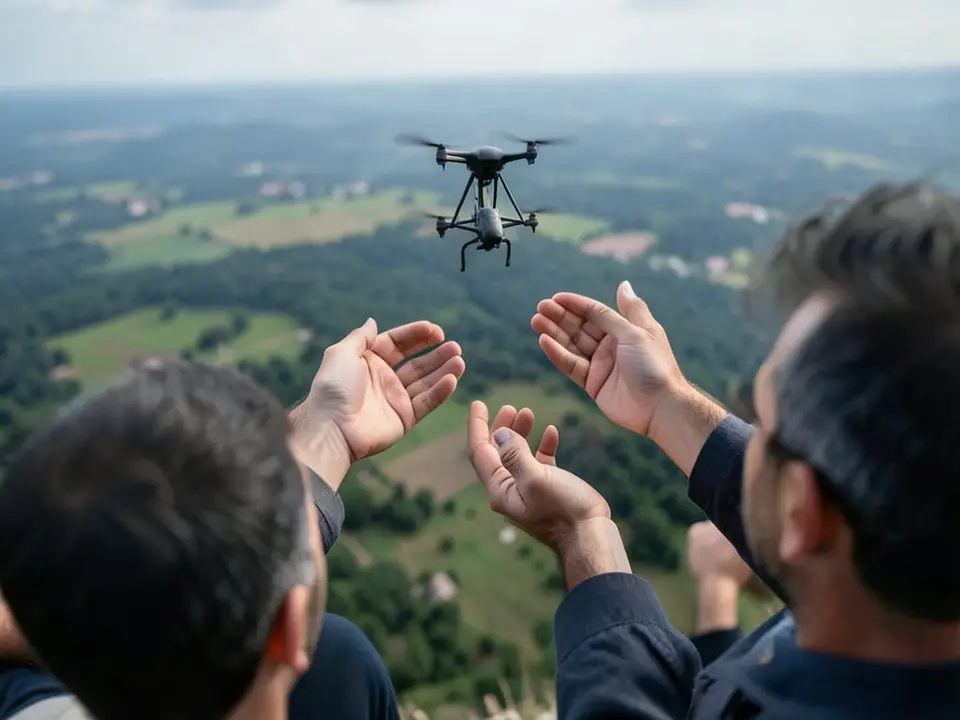 Anonymous adult hands launch a drone, part of doctors using drones to fight tuberculosis in remote communities in the Philippines. AI-generated editorial illustration; not a documentary photograph