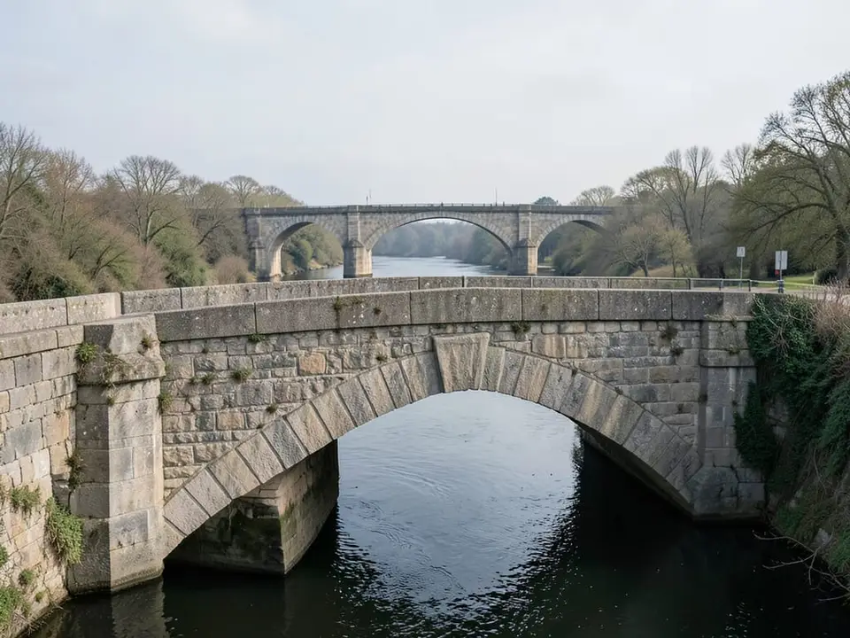 A stone arch bridge spanning a gap between two banks, representing the first official visit by a UN chief in 17 years. AI-generated editorial illustration; not a documentary photograph