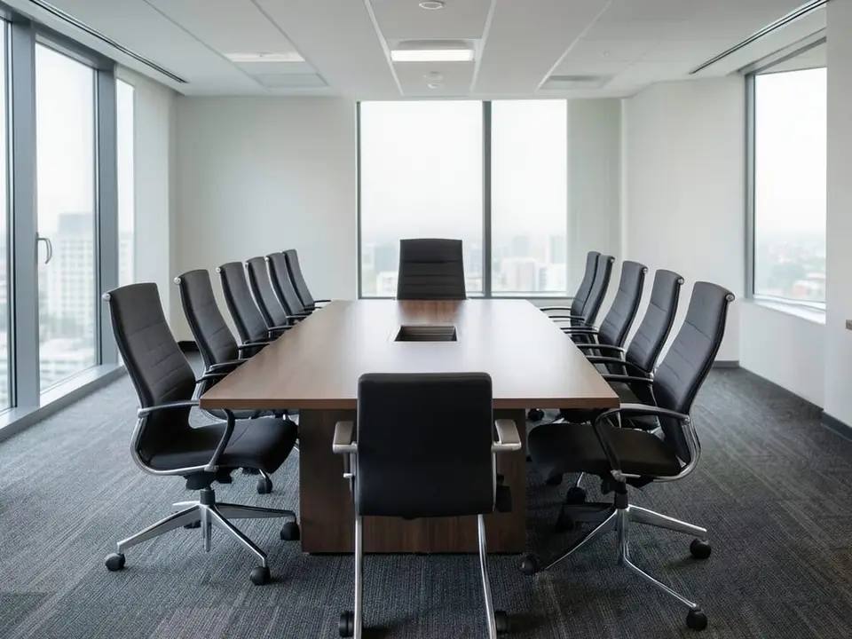 A modern executive boardroom with rows of empty chairs and one vacant seat at the head of the table, suggesting how companies may eliminate standalone AI teams as they distribute AI accountability. AI-generated editorial illustration; not a documentary photograph
