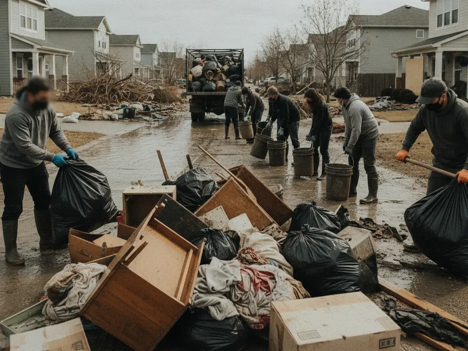 AI-generated editorial illustration for source event: Team Rubicon's Madison County Flood Cleanup Puts Compassion to Work in the Mud; not a documentary photograph
