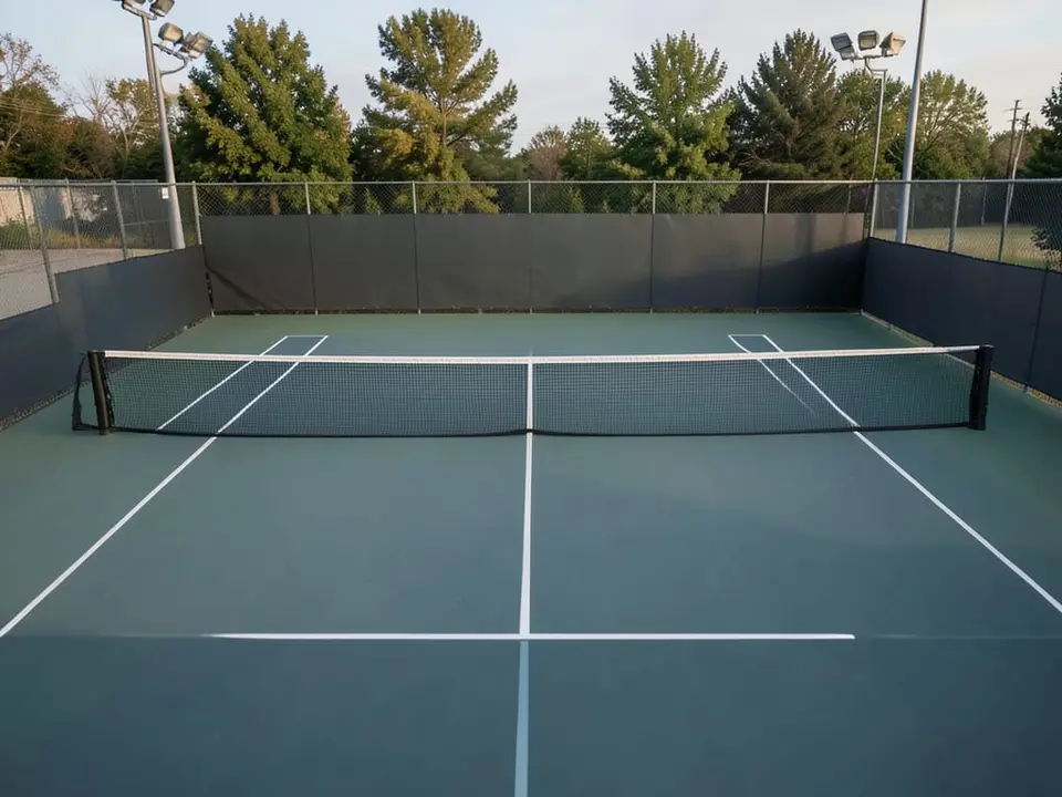 An empty professional hard tennis court, the setting of a five-set defeat at the US Open. AI-generated editorial illustration; not a documentary photograph