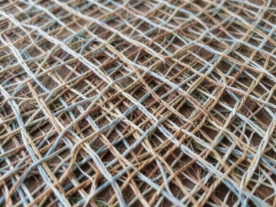 A close view of densely interwoven textile threads forming layered patterns in an open woven fabric, representing an open weight model whose full weights are freely and transparently distributed. AI-generated editorial illustration; not a documentary photograph