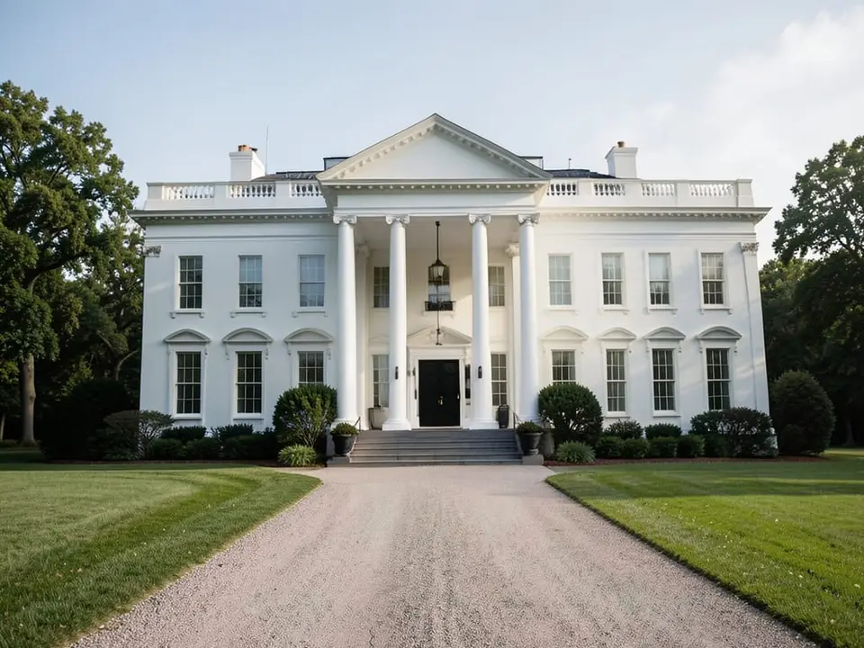 A wide view of the White House exterior, the building where all three publications were turned away from the White House this morning. AI-generated editorial illustration; not a documentary photograph