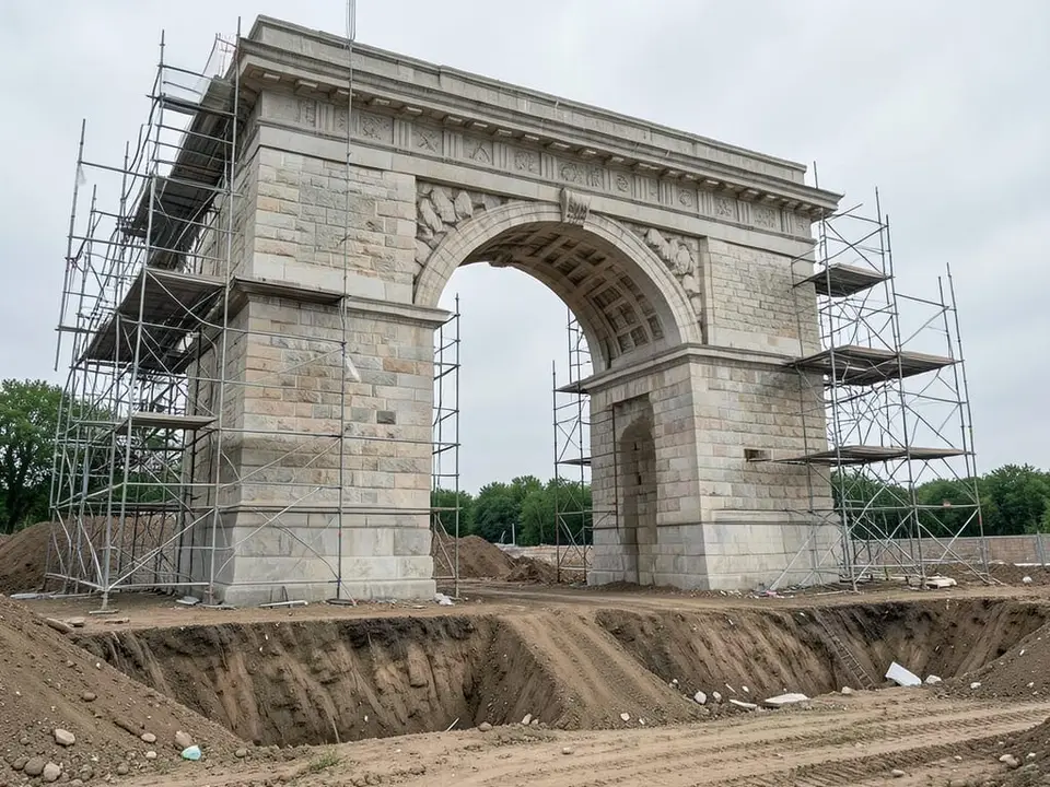 A monumental stone arch under early construction with scaffolding around its base, representing a 250-foot triumphal arch project that will break ground without final federal approval. AI-generated editorial illustration; not a documentary photograph
