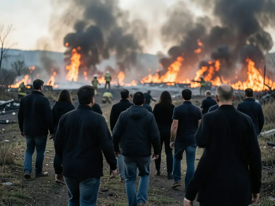 Anonymous adults evacuating as firefighters battle huge wildfires in the distance. AI-generated editorial illustration; not a documentary photograph