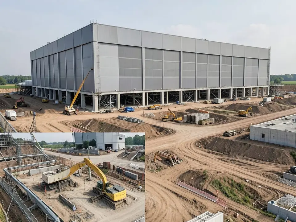 Construction work underway around a massive data center facility, reflecting the infrastructure construction and expenses that come with them. AI-generated editorial illustration; not a documentary photograph