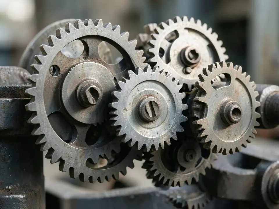 Interlocking metal gears of varying sizes meshing together in a mechanical study with no dial face or numerals, representing the pressure and responsibility of leading a transformative AI startup. AI-generated editorial illustration; not a documentary photograph