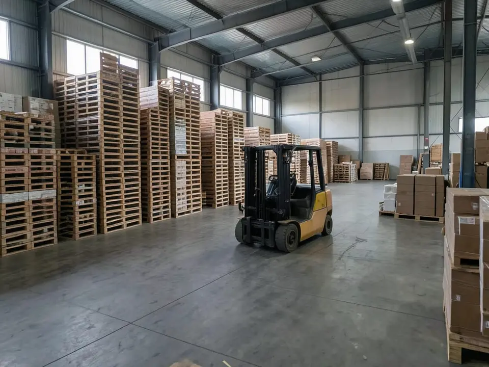 A forklift parked on a warehouse floor beside stacked pallets, representing the forklift driver origins described in the story. AI-generated editorial illustration; not a documentary photograph