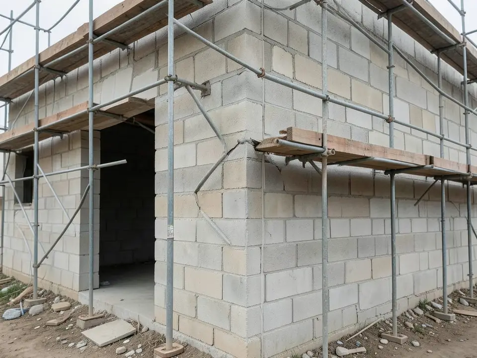 Scaffolding surrounding a plain masonry structure during a careful inspection, a representative image for free AI security scans for open-source projects. AI-generated editorial illustration; not a documentary photograph