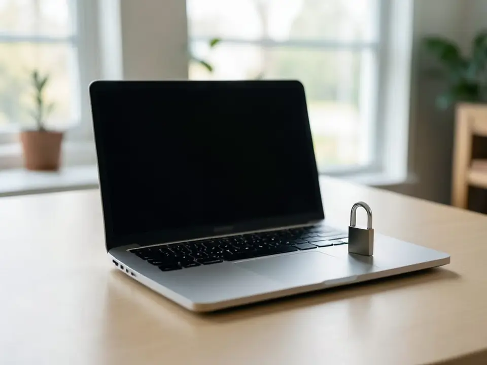 A closed padlock rests beside a dark-screened laptop, representing the deliberate blocks and anti-bot defenses that websites use against automated visitors. AI-generated editorial illustration; not a documentary photograph