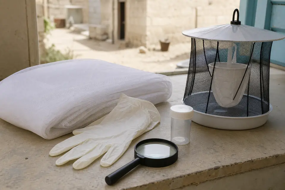 Anonymous adult health workers engaged in containment efforts against a mosquito-borne disease, photographed from behind. AI-generated editorial illustration; not a documentary photograph