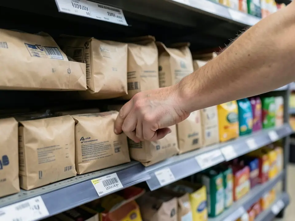 An anonymous adult shopper's hand reaches between two packaged goods on a grocery store shelf, where new tariffs could test how much more shoppers are willing to pay. AI-generated editorial illustration; not a documentary photograph